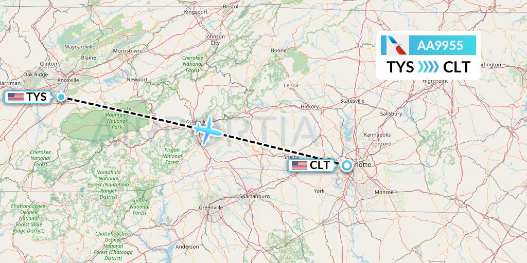 AA9955 American Airlines Flight Map: Knoxville to Charlotte