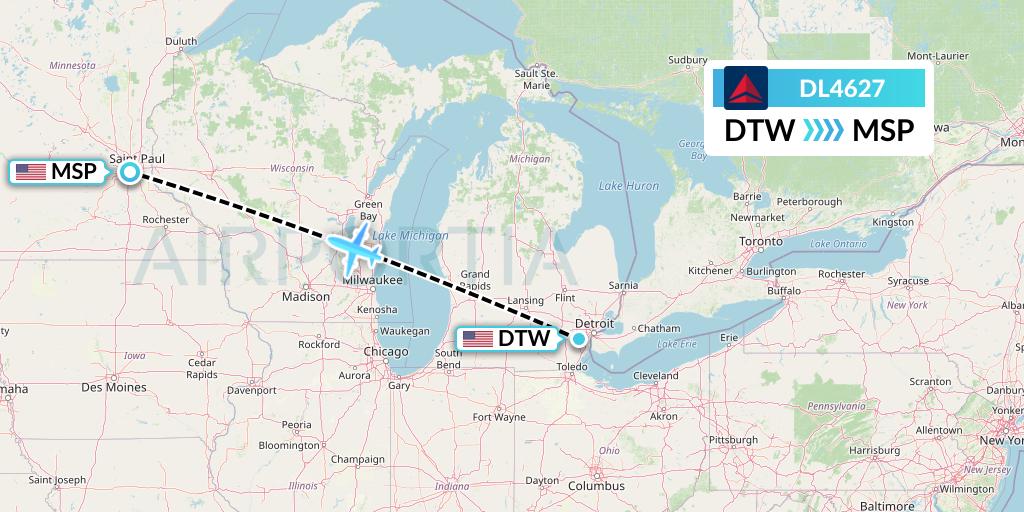 DL4627 Delta Air Lines Flight Map: Detroit to Minneapolis