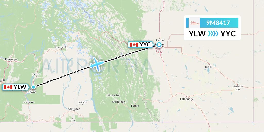 9M8417 Central Mountain Air Flight Map: Kelowna to Calgary