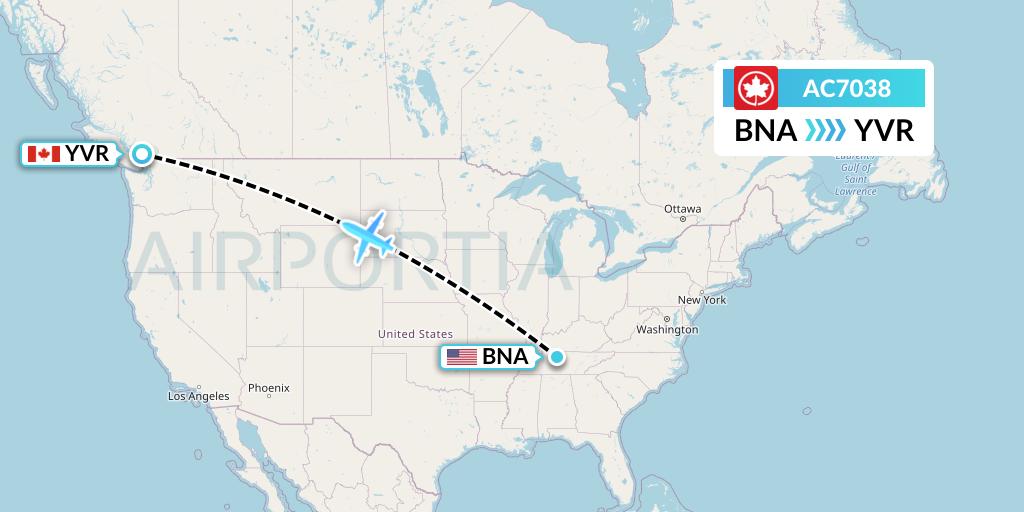 AC7038 Air Canada Flight Map: Nashville to Vancouver