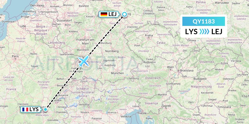 QY1183 European Air Transport Flight Map: Lyon to Leipzig