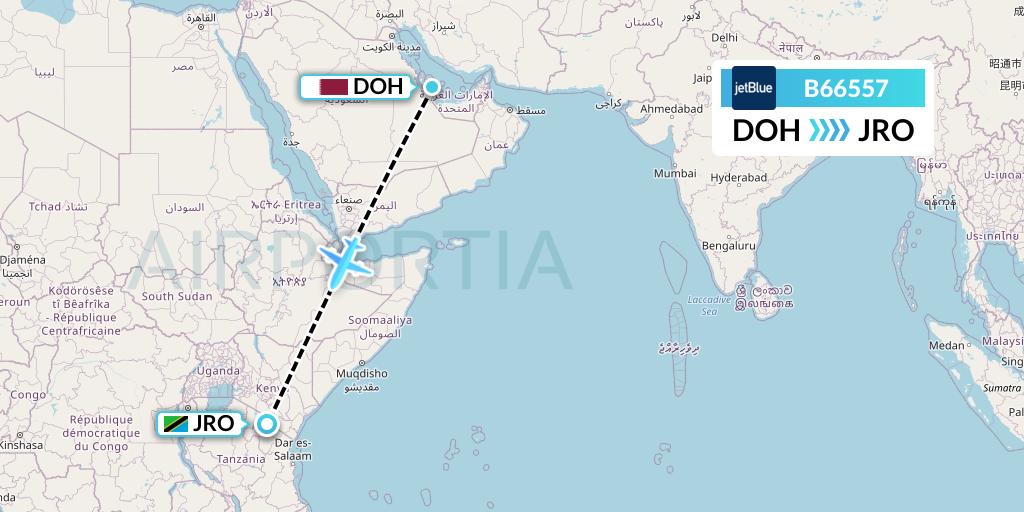 B66557 JetBlue Airways Flight Map: Doha to Kilimanjaro