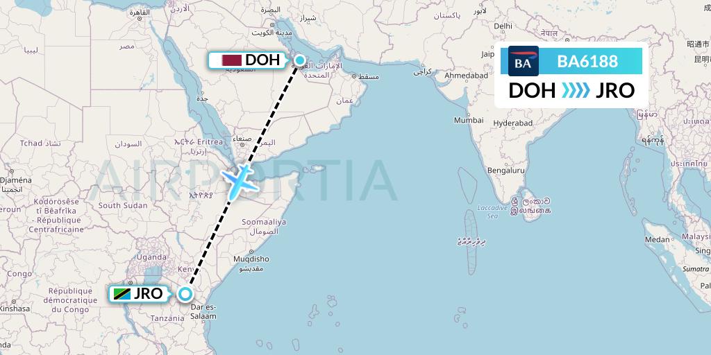 BA6188 British Airways Flight Map: Doha to Kilimanjaro