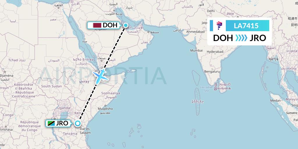 LA7415 LAN Airlines Flight Map: Doha to Kilimanjaro