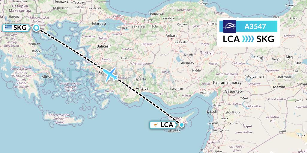 A3547 Aegean Airlines Flight Map: Larnaca to Thessaloniki