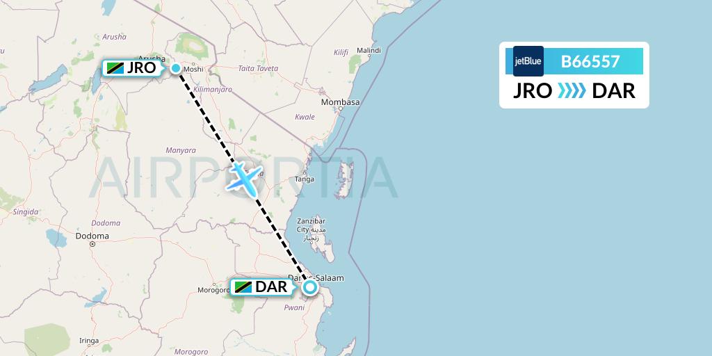 B66557 JetBlue Airways Flight Map: Kilimanjaro to Dar-es-Salaam