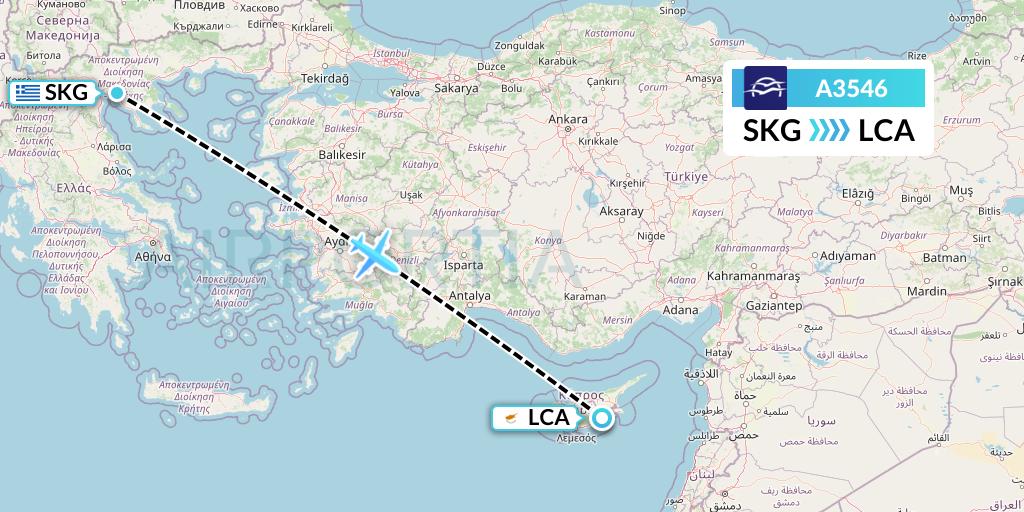 A3546 Aegean Airlines Flight Map: Thessaloniki to Larnaca