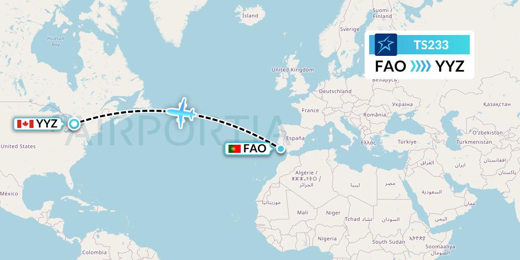 TS233 Air Transat Flight Map: Faro to Toronto