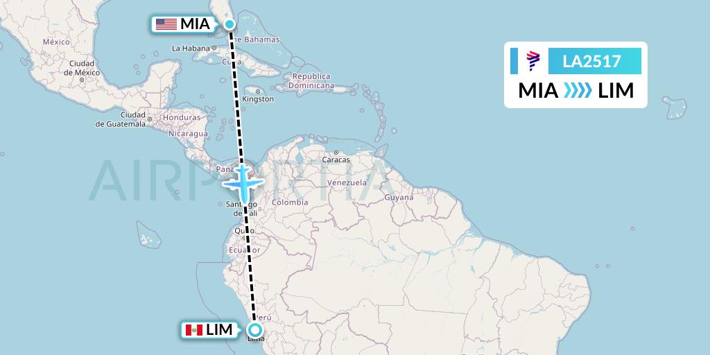 LA2517 LAN Airlines Flight Map: Miami to Lima