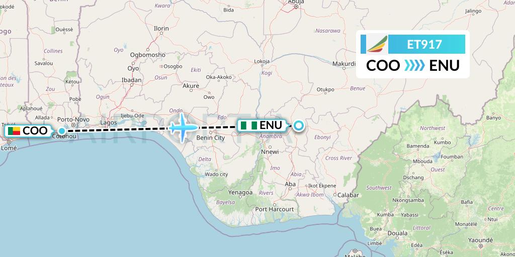 ET917 Ethiopian Airlines Flight Map: Cotonou to Enugu