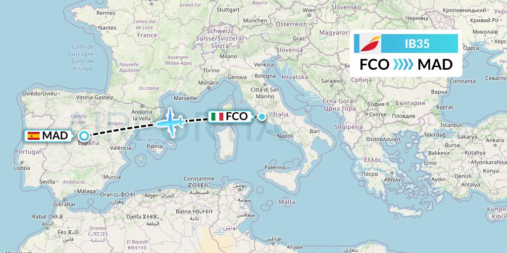 IB35 Iberia Flight Map: Rome to Madrid