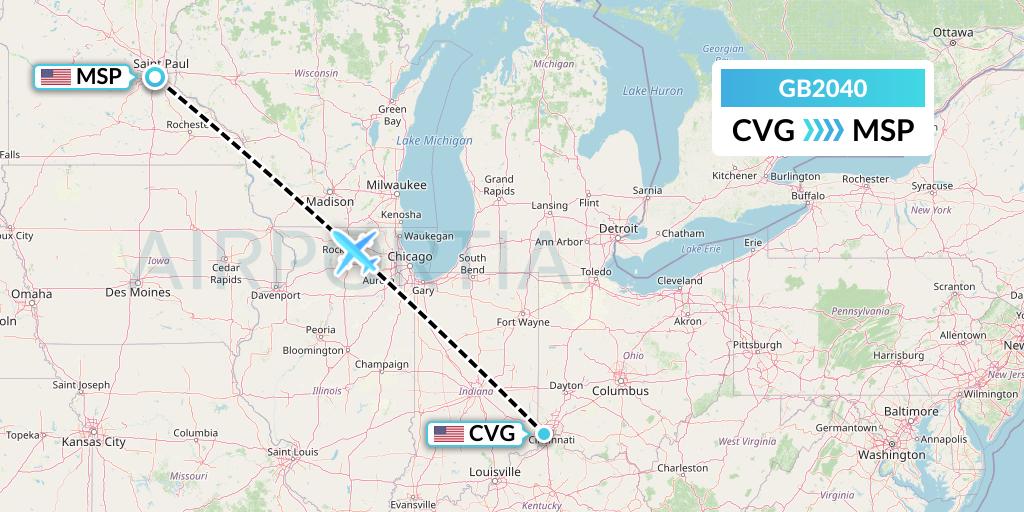 GB2040 ABX Air Flight Map: Cincinnati to Minneapolis