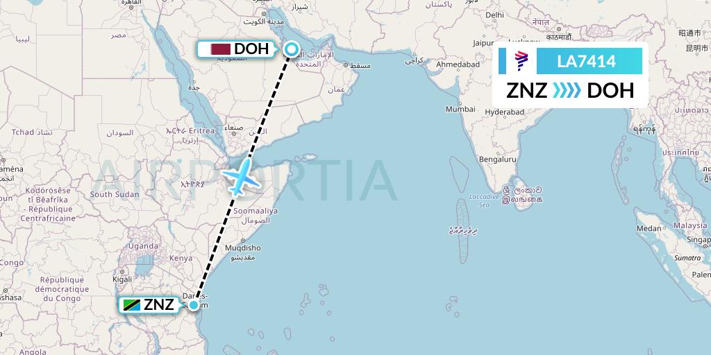LA7414 LAN Airlines Flight Map: Zanzibar to Doha