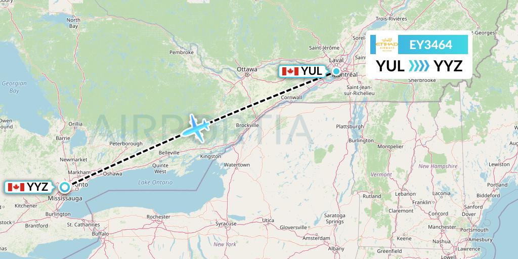 EY3464 Etihad Airways Flight Map: Montreal to Toronto