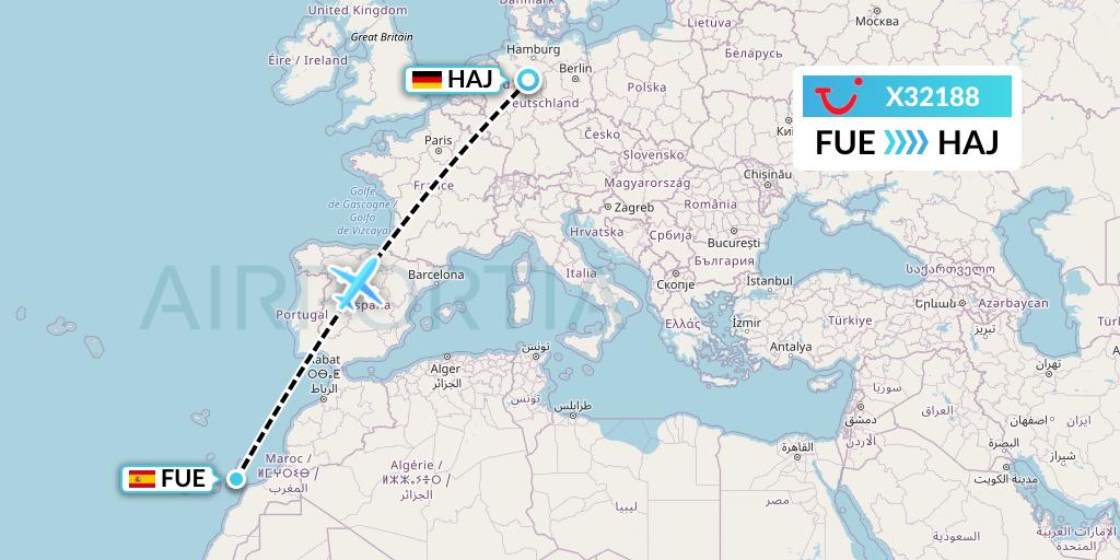X32188 TUI fly Germany Flight Map: Fuerteventura to Hannover