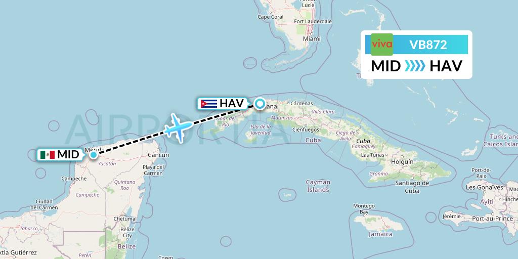 VB872 VivaAerobus Flight Map: Merida to Havana