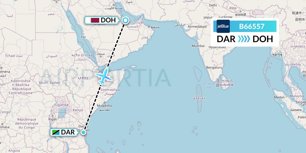 B66557 JetBlue Airways Flight Map: Dar-es-Salaam to Doha