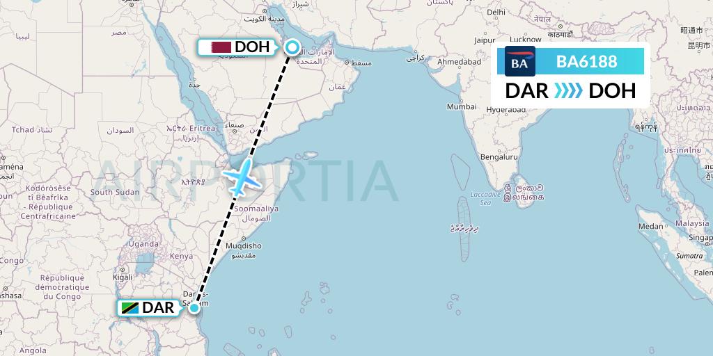 BA6188 British Airways Flight Map: Dar-es-Salaam to Doha