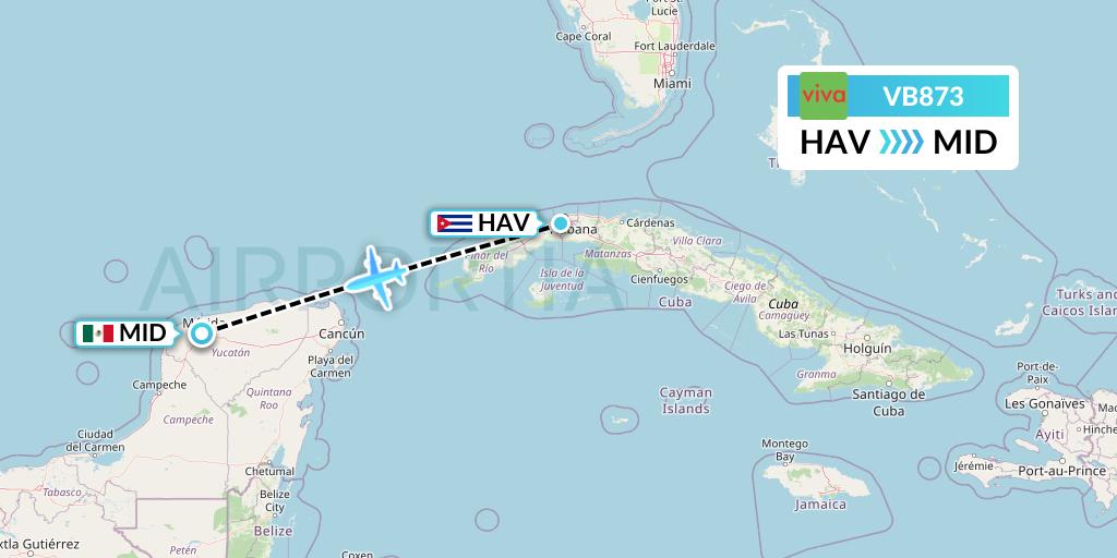 VB873 VivaAerobus Flight Map: Havana to Merida