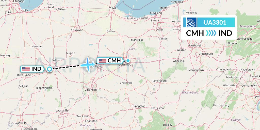 UA3301 United Airlines Flight Map: Columbus to Indianapolis
