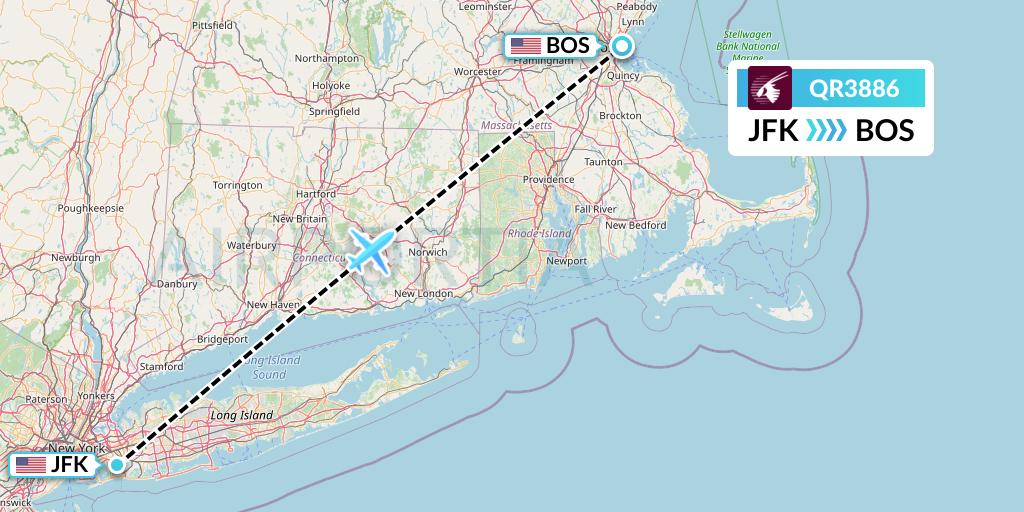 QR3886 Qatar Airways Flight Map: New York to Boston
