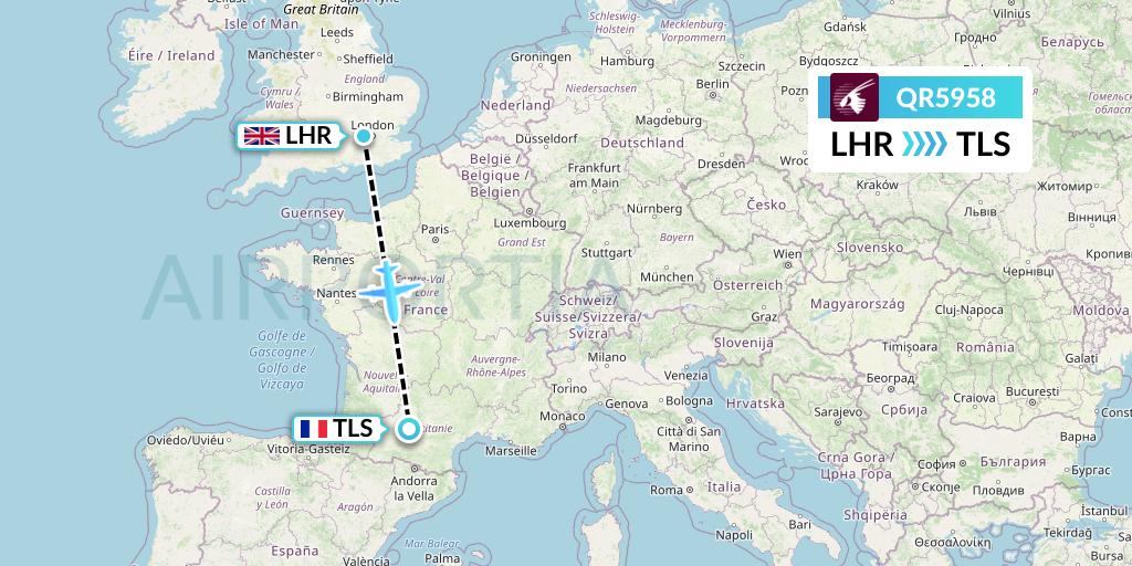 QR5958 Qatar Airways Flight Map: London to Toulouse