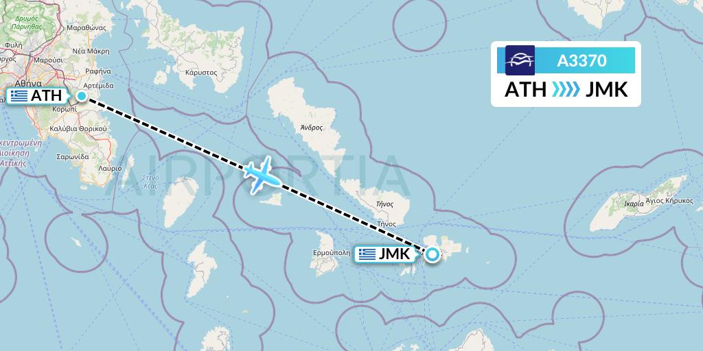 A3370 Aegean Airlines Flight Map: Athens to Mykonos