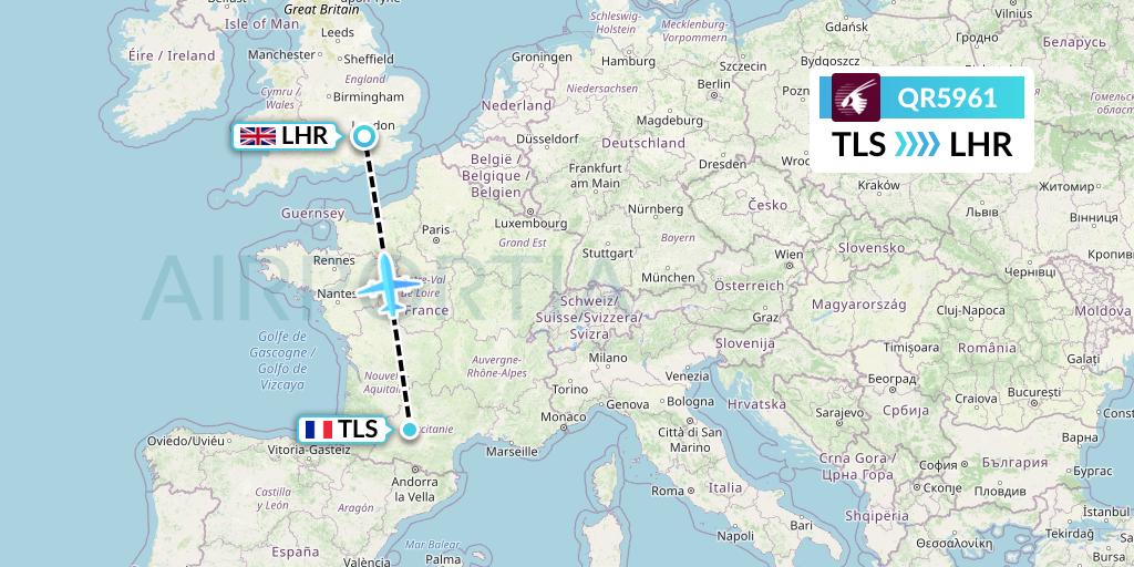 QR5961 Qatar Airways Flight Map: Toulouse to London