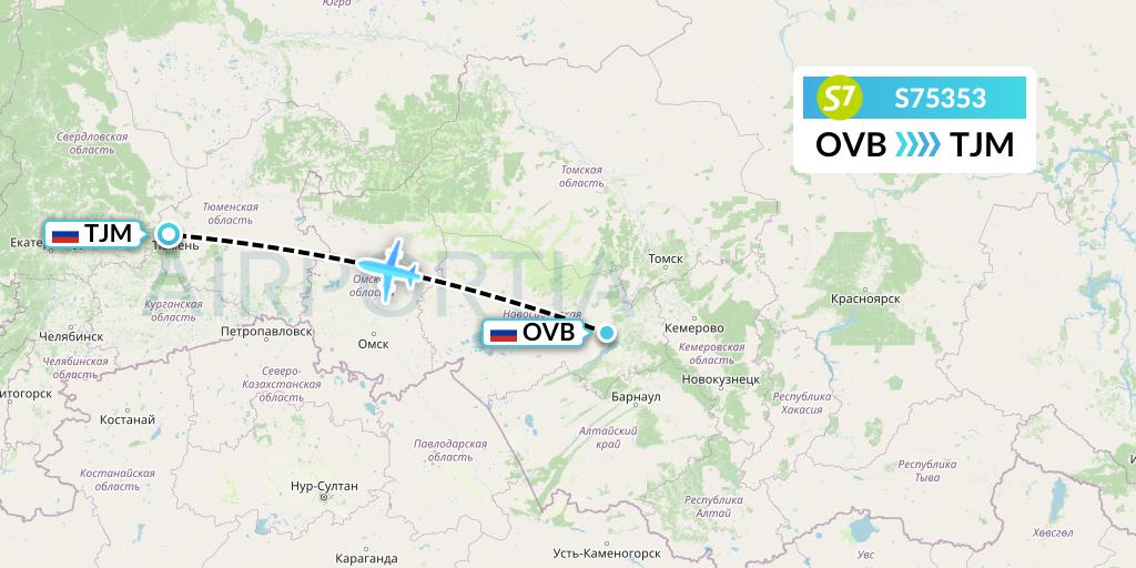 S75353 S7 Airlines Flight Map: Novosibirsk to Tyumen