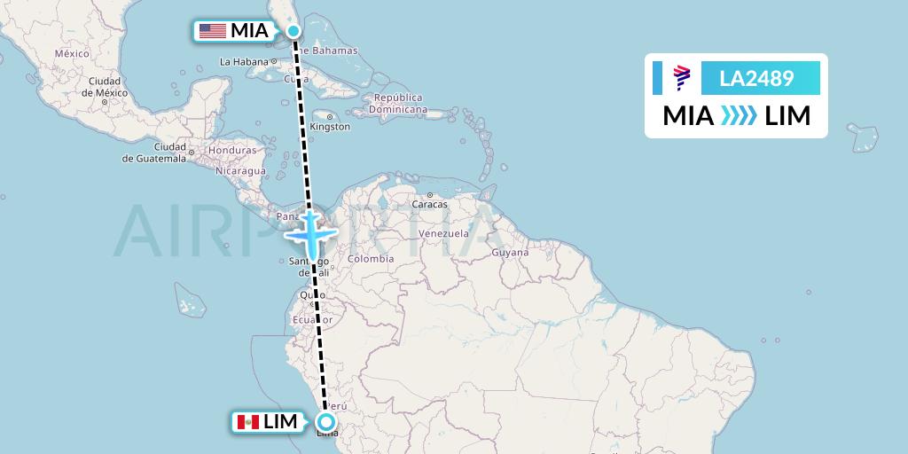 LA2489 LAN Airlines Flight Map: Miami to Lima