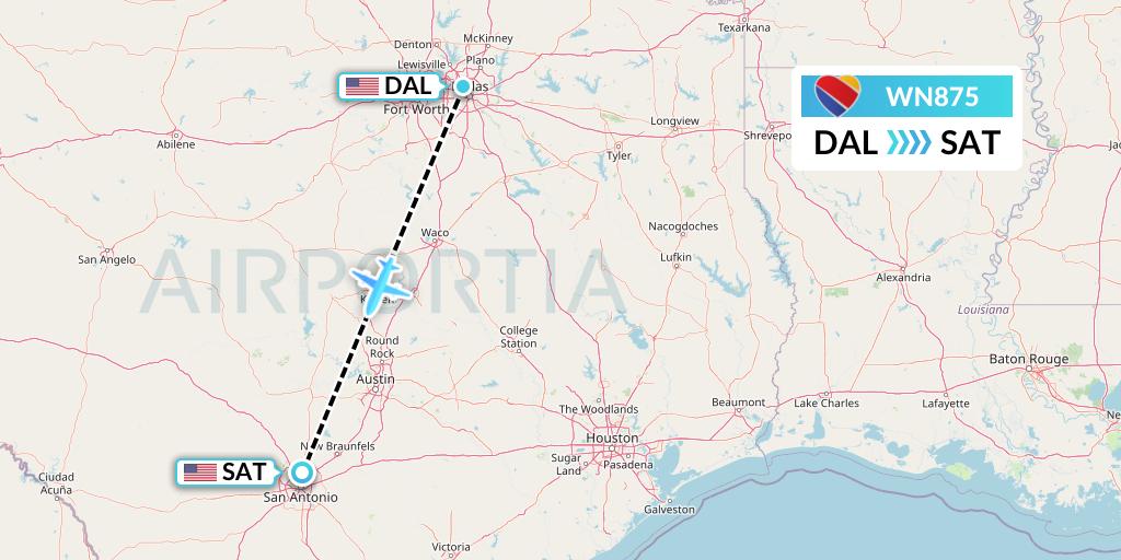 WN875 Southwest Airlines Flight Map: Dallas to San Antonio