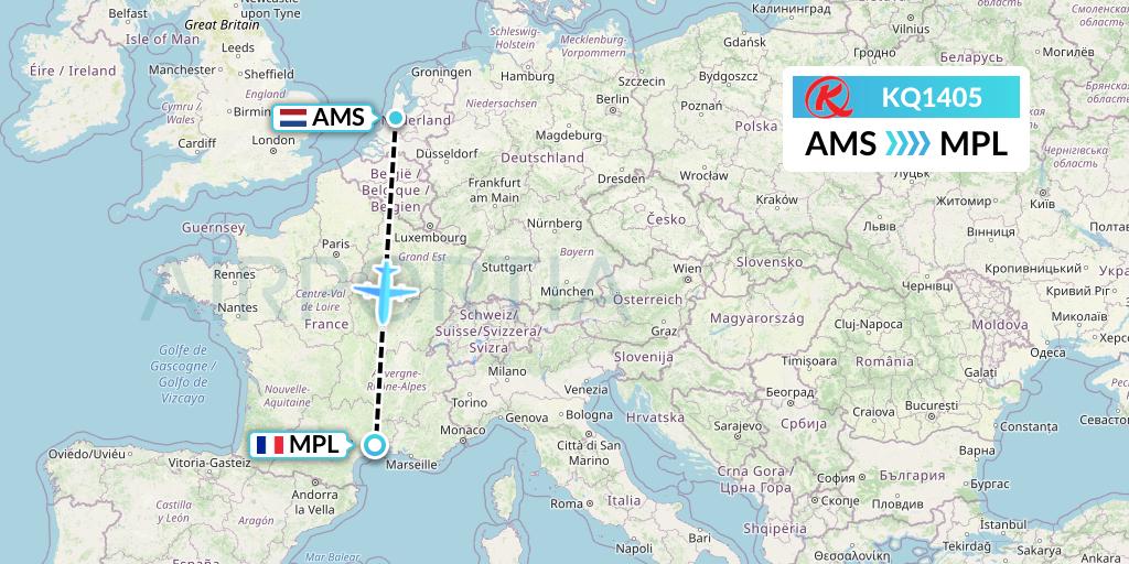 KQ1405 Kenya Airways Flight Map: Amsterdam to Montpellier