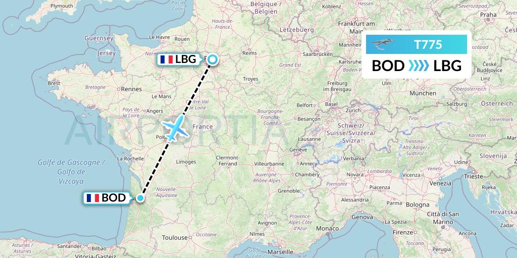 T775 Twin Jet Flight Map: Bordeaux to Paris