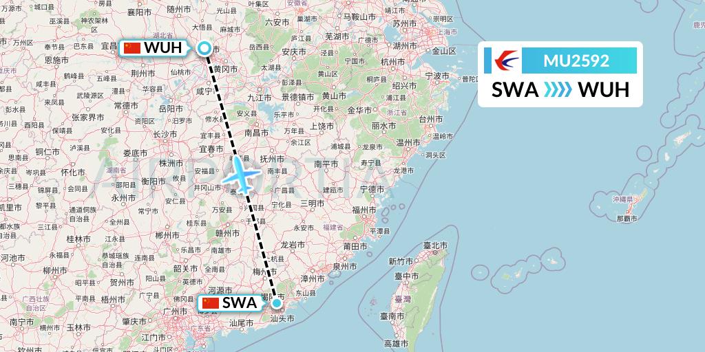 MU2592 China Eastern Airlines Flight Map: Jieyang to Wuhan