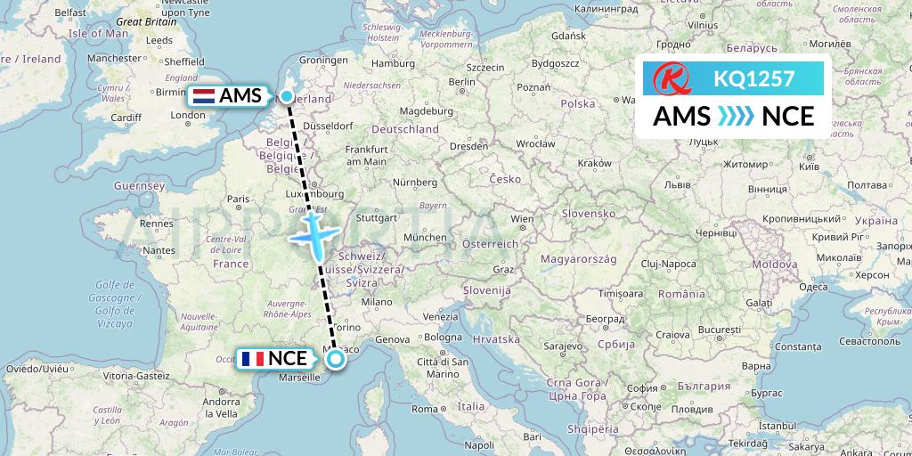 KQ1257 Kenya Airways Flight Map: Amsterdam to Nice