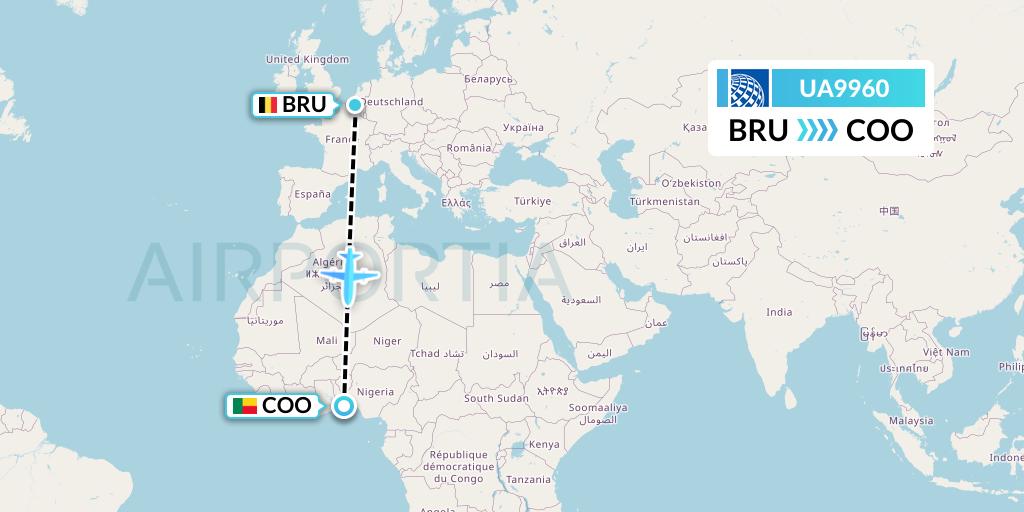 UA9960 United Airlines Flight Map: Brussels to Cotonou