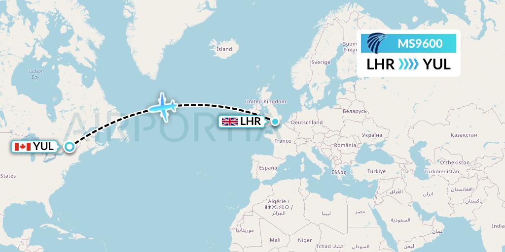 MS9600 EgyptAir Flight Map: London to Montreal