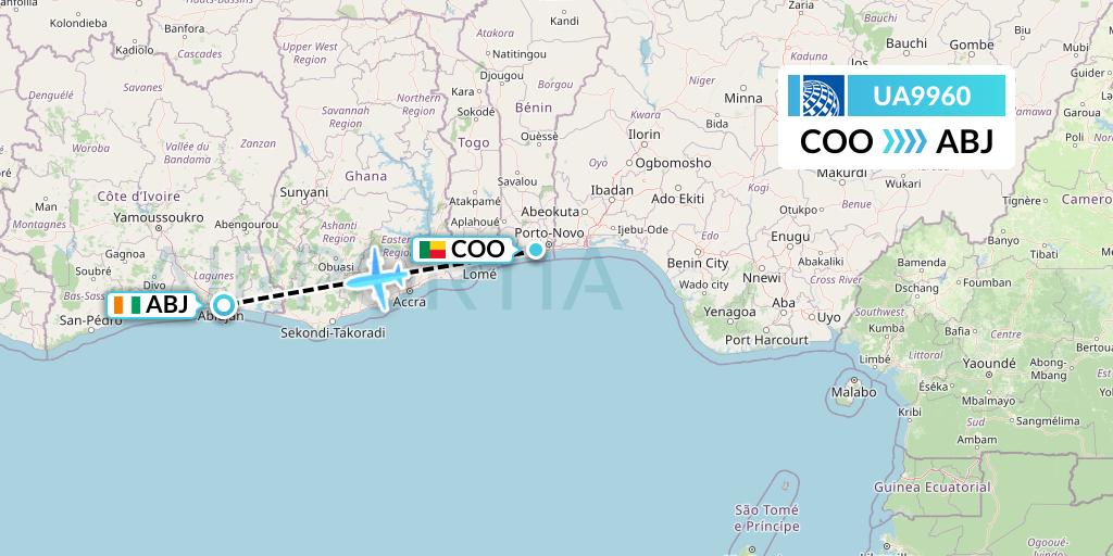 UA9960 United Airlines Flight Map: Cotonou to Abidjan
