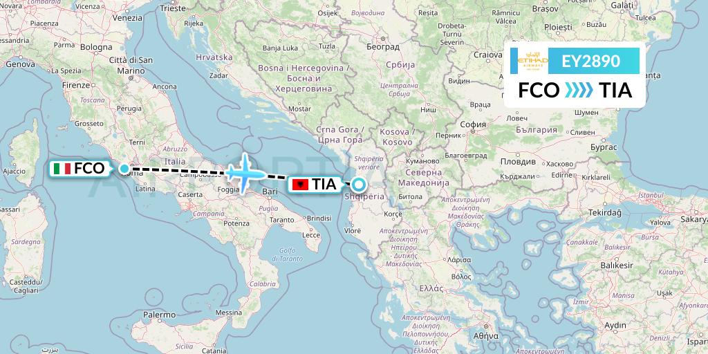 EY2890 Etihad Airways Flight Map: Rome to Tirana