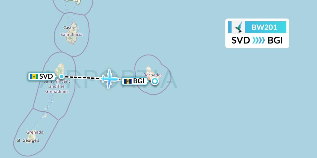 BW201 Caribbean Airlines Flight Map: Kingstown to Bridgetown