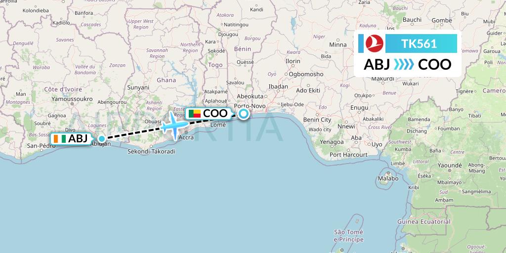 TK561 Turkish Airlines Flight Map: Abidjan to Cotonou