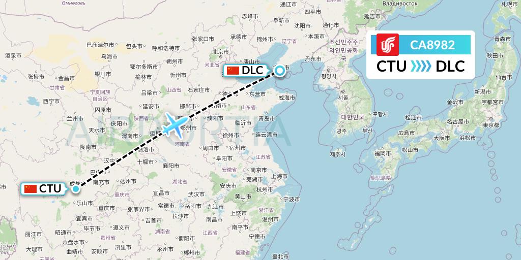 CA8982 Air China Flight Map: Chengdu to Dalian