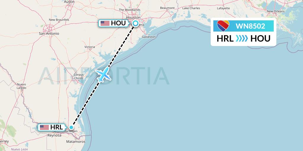 WN8502 Southwest Airlines Flight Map: Harlingen to Houston
