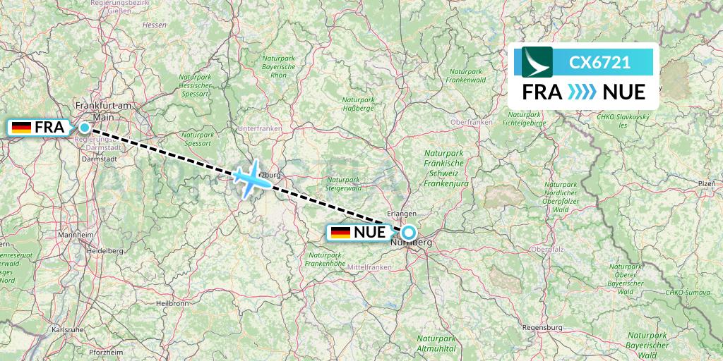 CX6721 Cathay Pacific Flight Map: Frankfurt to Nurnberg