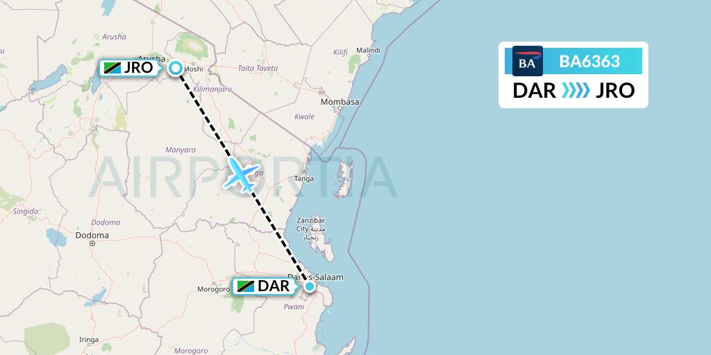 BA6363 British Airways Flight Map: Dar-es-Salaam to Kilimanjaro