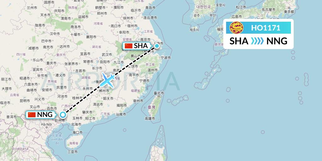 HO1171 Juneyao Airlines Flight Map: Shanghai to Nanning