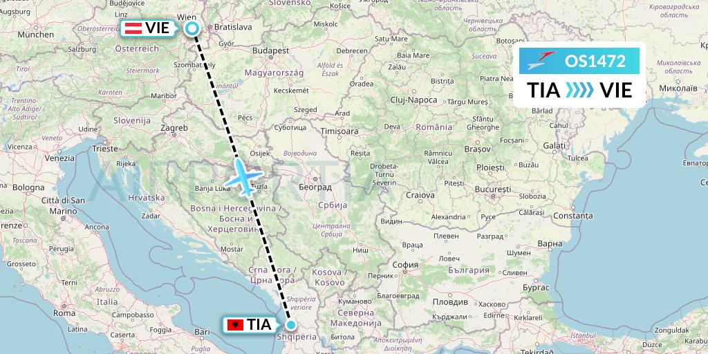 OS1472 Austrian Airlines Flight Map: Tirana to Vienna