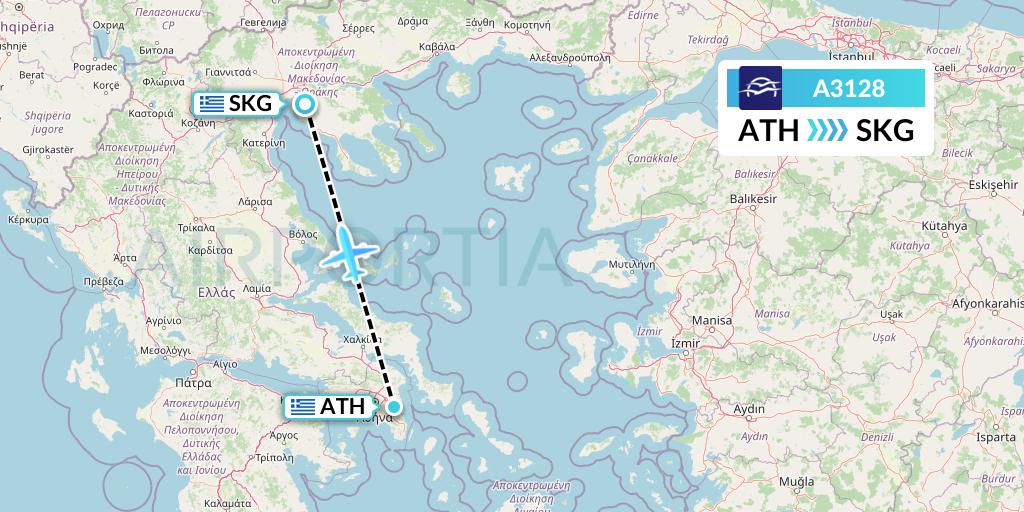 A3128 Aegean Airlines Flight Map: Athens to Thessaloniki