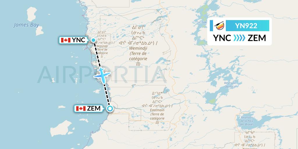 YN922 Air Creebec Flight Map: Wemindji to Eastmain River