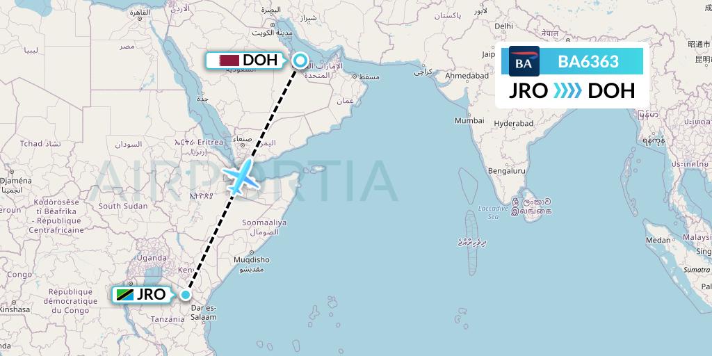 BA6363 British Airways Flight Map: Kilimanjaro to Doha